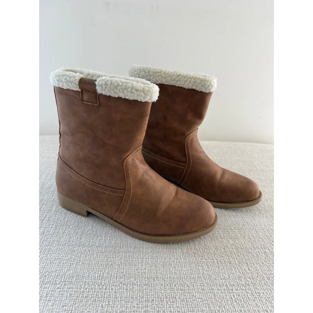 Jands Women's Brown Faux Leather Mid-Calf Winter Boots Fleece Sherpa Trim Size 9